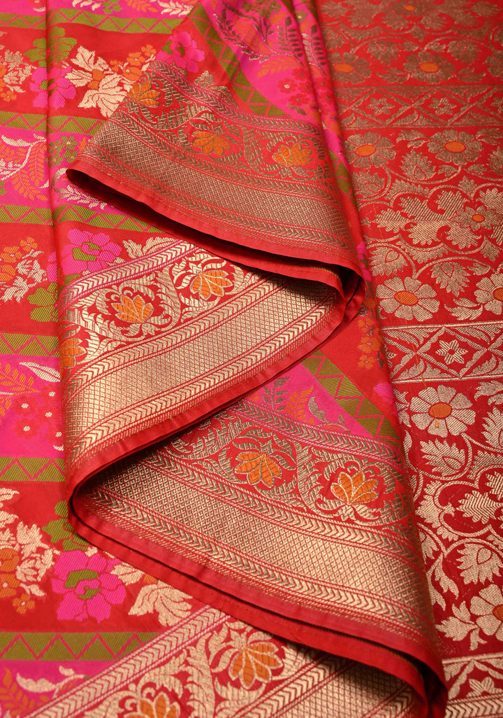 Red-Pink Rangkaat Style on Semi Silk Saree with Meenakari Diagonal Stripes and Zari Border