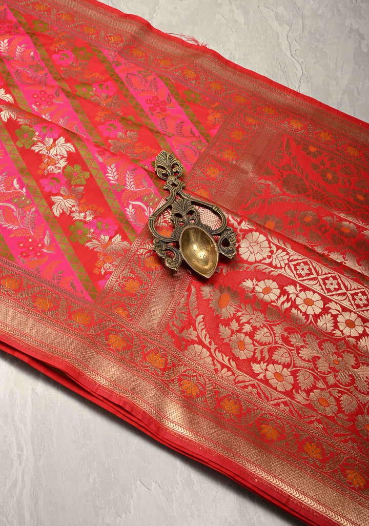 Red-Pink Rangkaat Style on Semi Silk Saree with Meenakari Diagonal Stripes and Zari Border