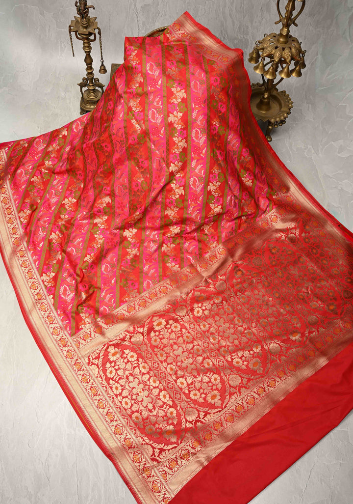 Red-Pink Rangkaat Style on Semi Silk Saree with Meenakari Diagonal Stripes and Zari Border
