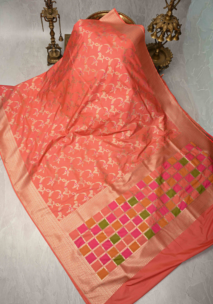 Peach Orange Semi Silk Saree with Meenakari Jaal and Zari Border