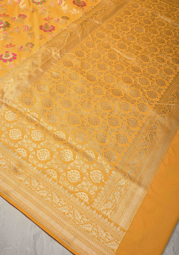 Mango Yellow Semi Silk Saree with Meenakari Floral Jaal and Zari Border