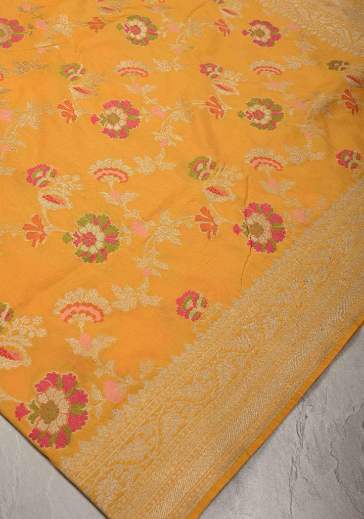 Mango Yellow Semi Silk Saree with Meenakari Floral Jaal and Zari Border