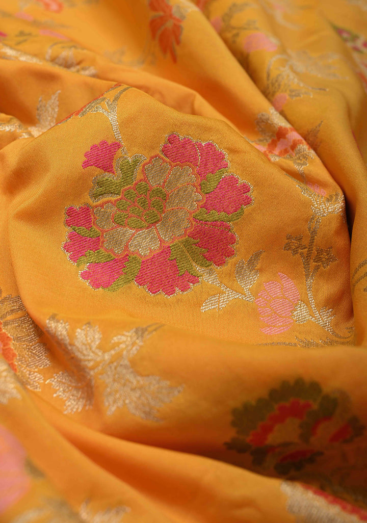 Mango Yellow Semi Silk Saree with Meenakari Floral Jaal and Zari Border