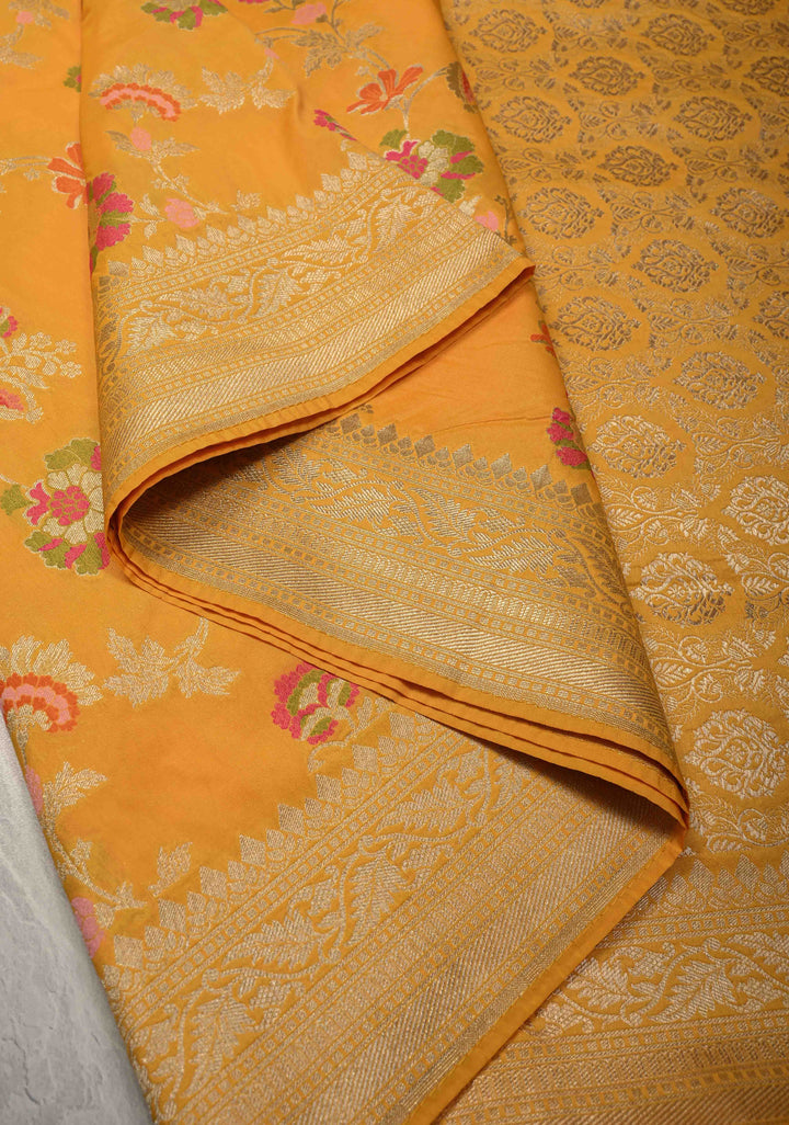 Mango Yellow Semi Silk Saree with Meenakari Floral Jaal and Zari Border
