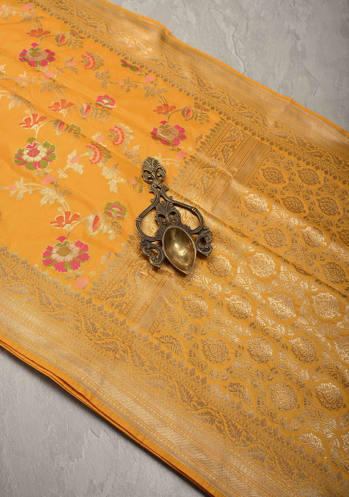 Mango Yellow Semi Silk Saree with Meenakari Floral Jaal and Zari Border