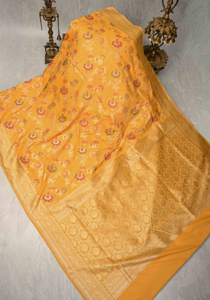 Mango Yellow Semi Silk Saree with Meenakari Floral Jaal and Zari Border