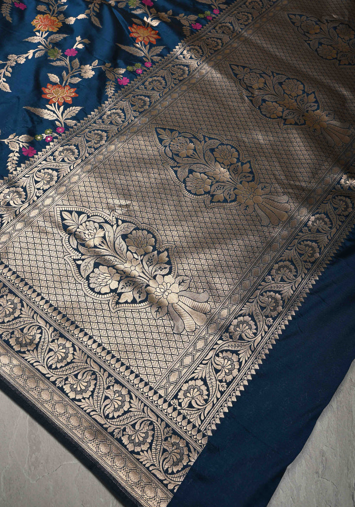 Prussian Blue Semi Silk Saree with Floral Meenakari Jaal and Zari Border