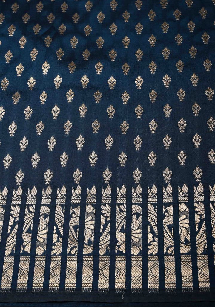 Prussian Blue Semi Silk Saree with Floral Meenakari Jaal and Zari Border