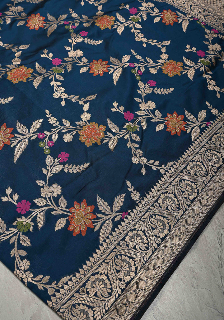 Prussian Blue Semi Silk Saree with Floral Meenakari Jaal and Zari Border