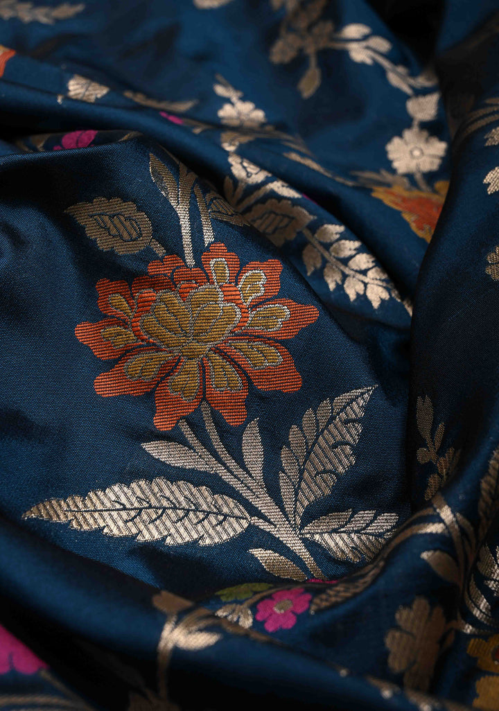 Prussian Blue Semi Silk Saree with Floral Meenakari Jaal and Zari Border
