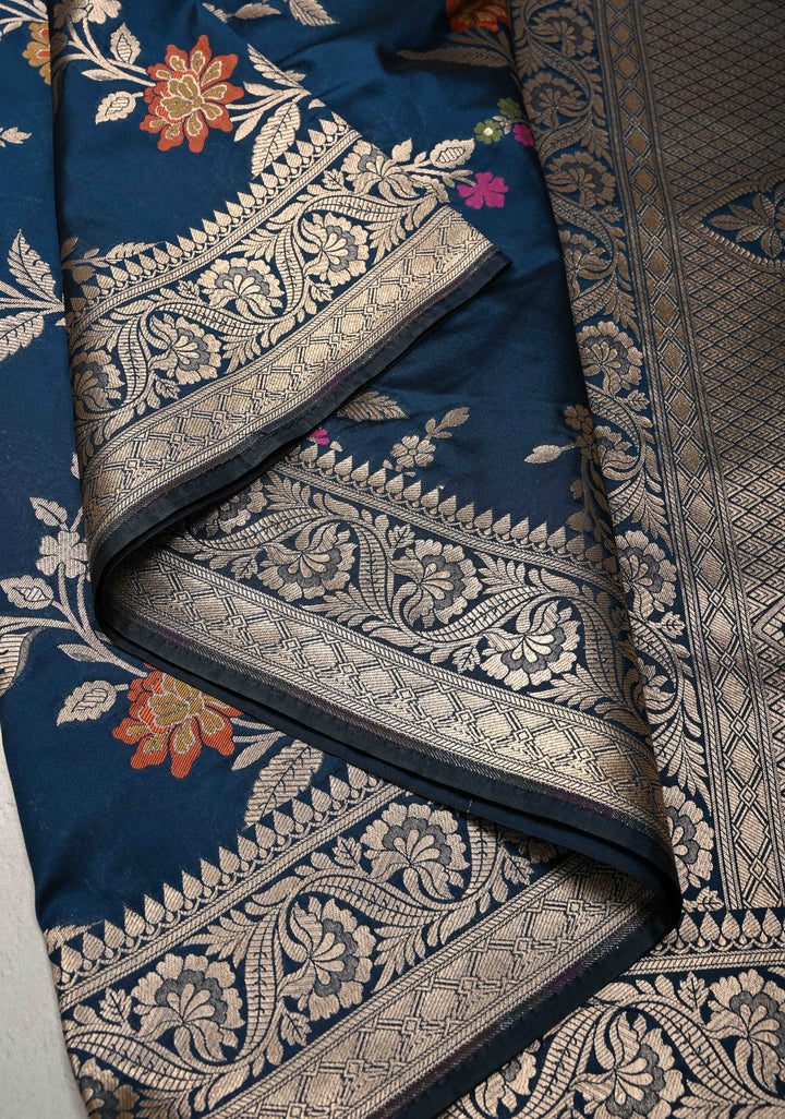 Prussian Blue Semi Silk Saree with Floral Meenakari Jaal and Zari Border