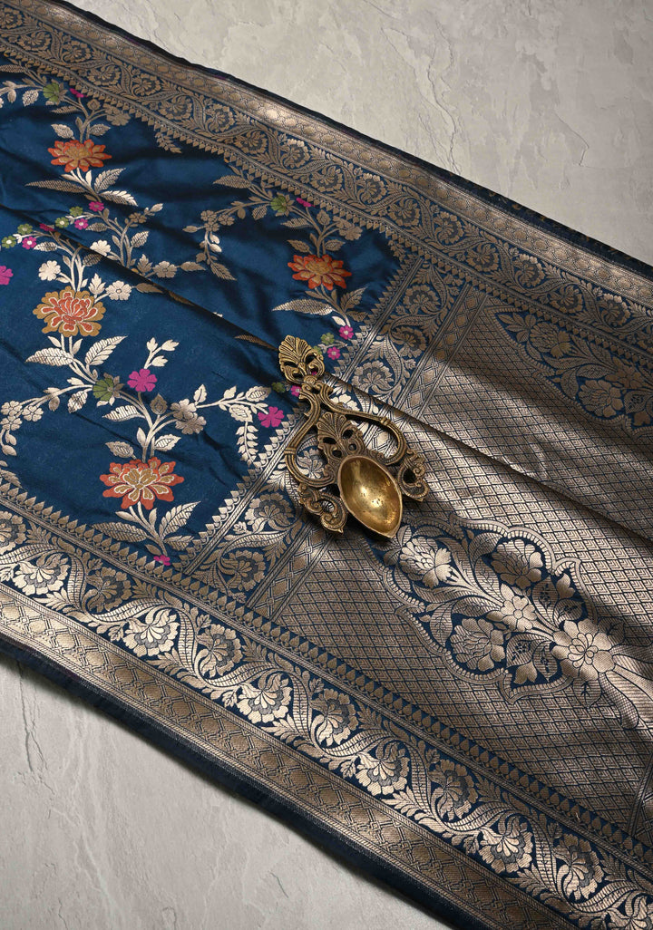 Prussian Blue Semi Silk Saree with Floral Meenakari Jaal and Zari Border