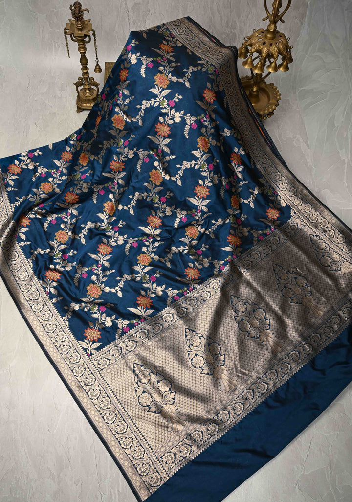 Prussian Blue Semi Silk Saree with Floral Meenakari Jaal and Zari Border