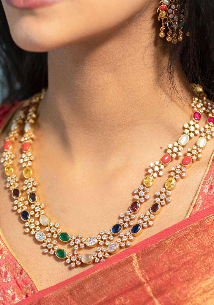 92.5 Pure Silver, 24 kt gold-plated Celestial Navaratna double strand necklace
