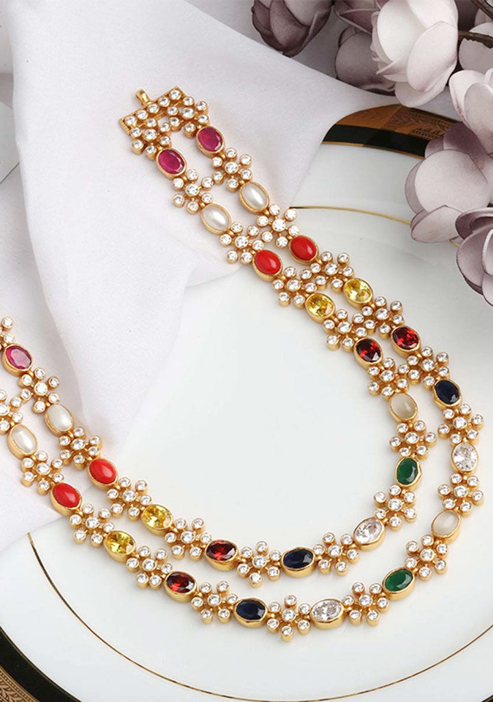 92.5 Pure Silver, 24 kt gold-plated Celestial Navaratna double strand necklace