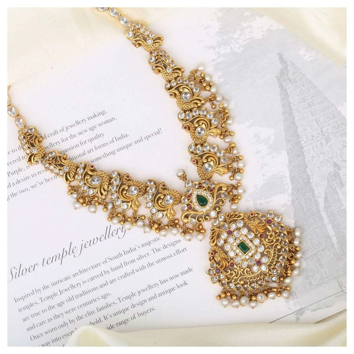 92.5 Silver 24 Kt Gold Plated, Stone Studded Peacock Unit Medium Length Necklace, NO Earrings
