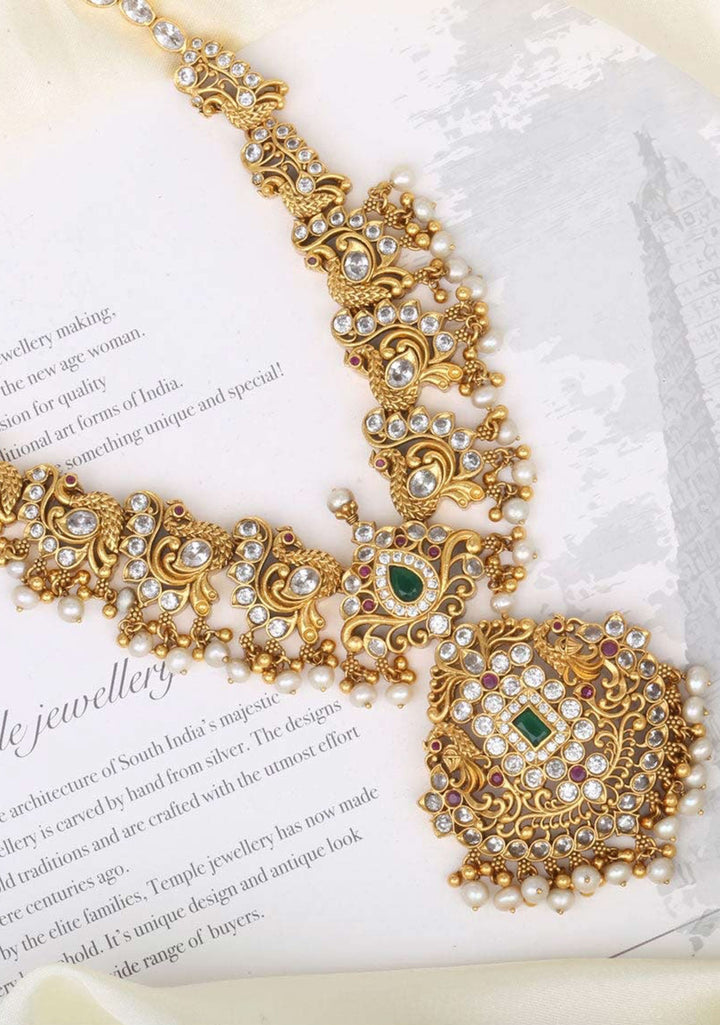 92.5 Silver 24 Kt Gold Plated, Stone Studded Peacock Unit Medium Length Necklace, NO Earrings