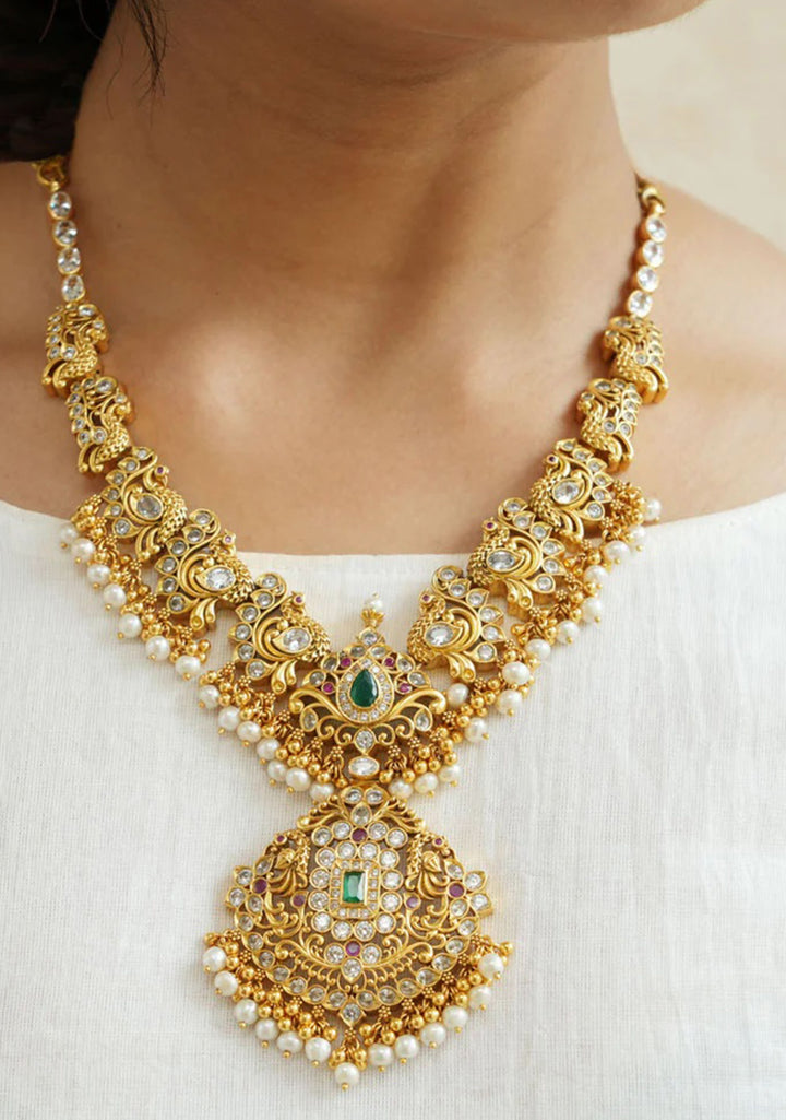 92.5 Silver 24 Kt Gold Plated, Stone Studded Peacock Unit Medium Length Necklace, NO Earrings