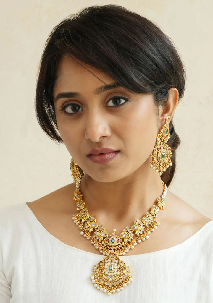 92.5 Silver 24 Kt Gold Plated, Stone Studded Peacock Unit Medium Length Necklace, NO Earrings