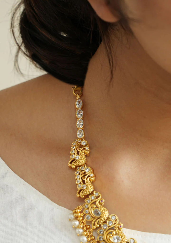 92.5 Silver 24 Kt Gold Plated, Stone Studded Peacock Unit Medium Length Necklace, NO Earrings