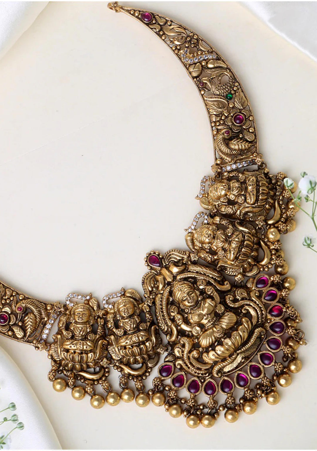 92.5 Silver 24 Kt Gold Plated Dark Antique Finish Nagas Lakshmi Neklace with dainty CZ stones