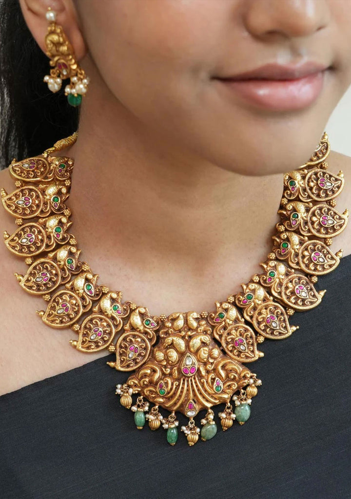 92.5 Silver Gold Tone Deep Nagas and Kundan Fusion Necklace
