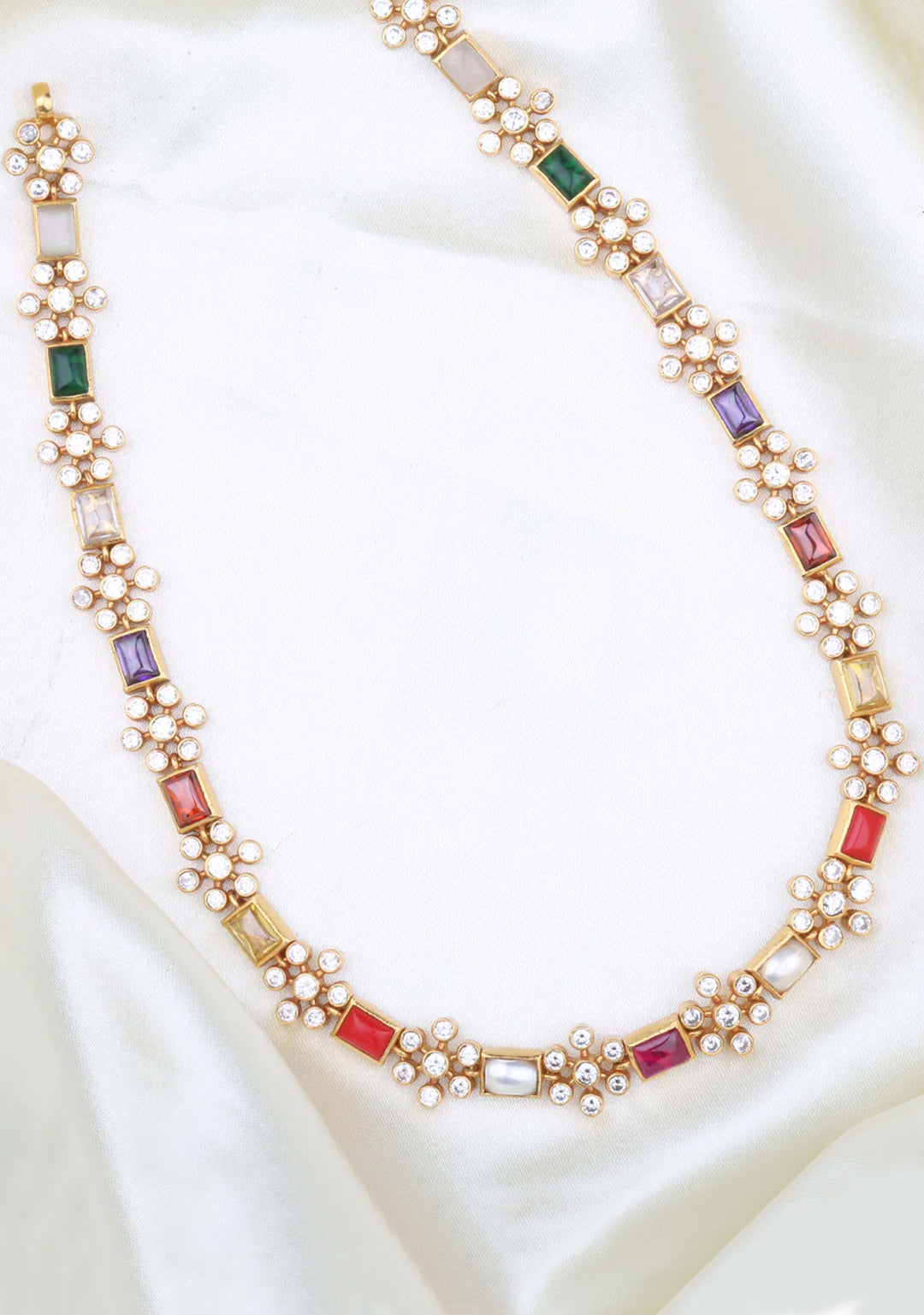 92.5 Silver 24 Ct Gold Plated Stunning Navarathna Necklace Chain