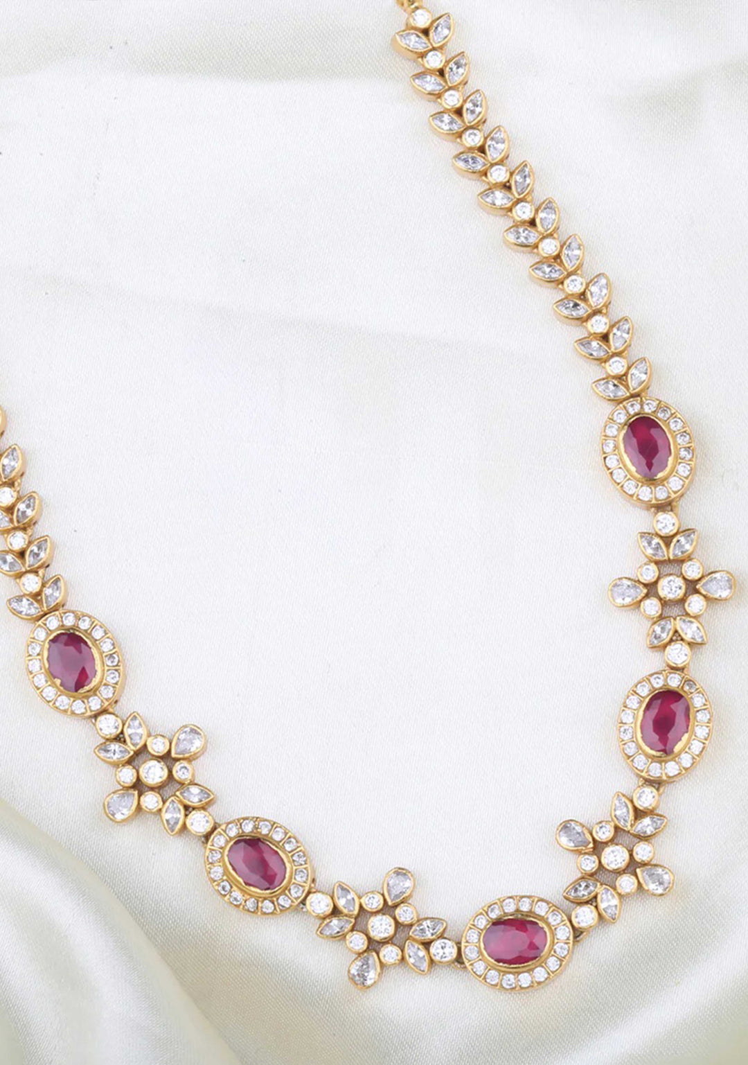 92.5 Silver 24 Kt Gold plated Oval And Floral Design Necklace Adorned with Pink and White Stones