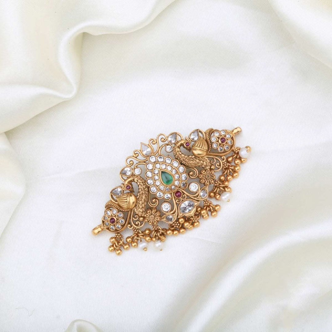 925 Silver Mini Twin Peacock Choker necklace with stone detailing and Dangling golden beads