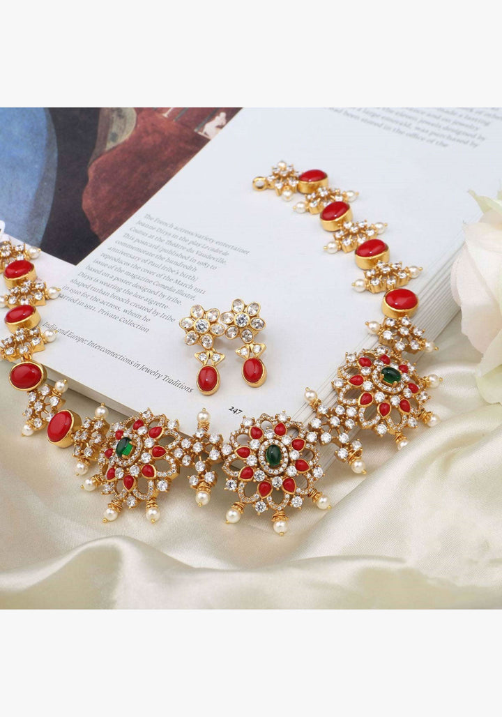 92.5 Silver Necklace and Earrings Set with Orange and White Stones