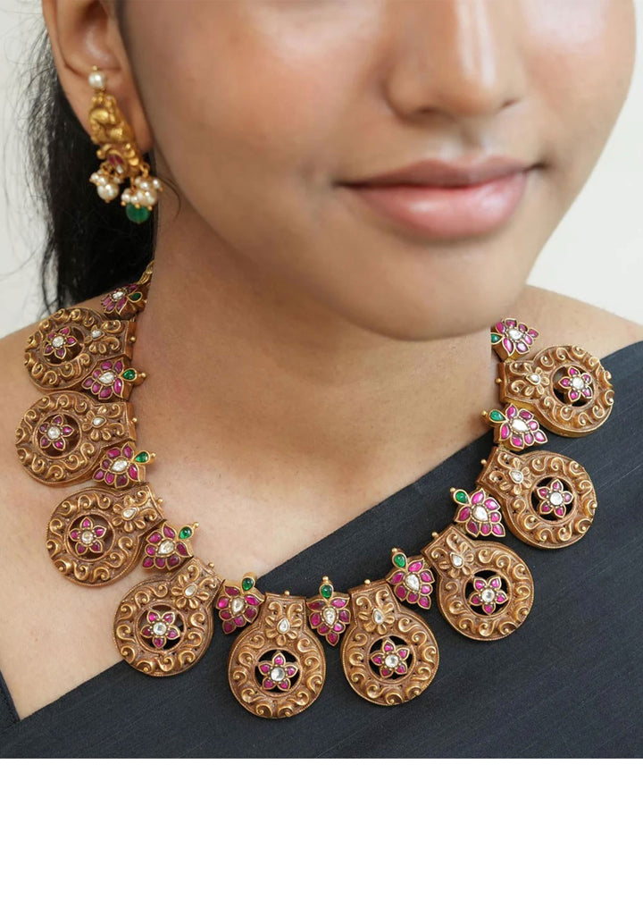 92.5 Silver 24 Kt Gold Plated  9 Mandala units carved Necklace