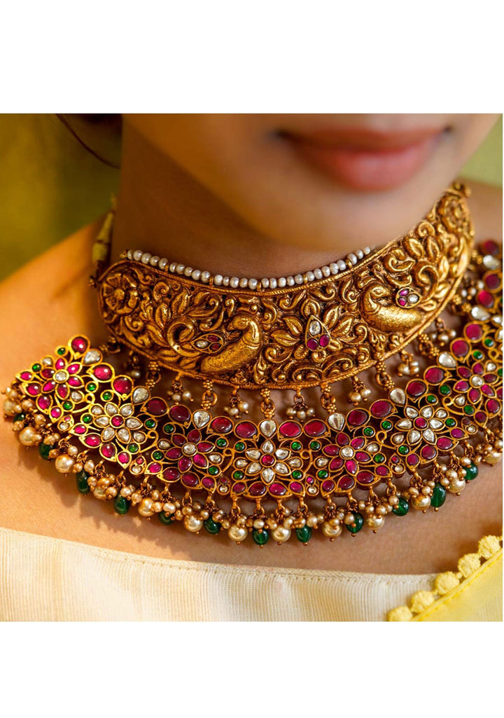 92.5 Silver Antique Gold Tone Deep Nagas Gorgeous Peacock Choker