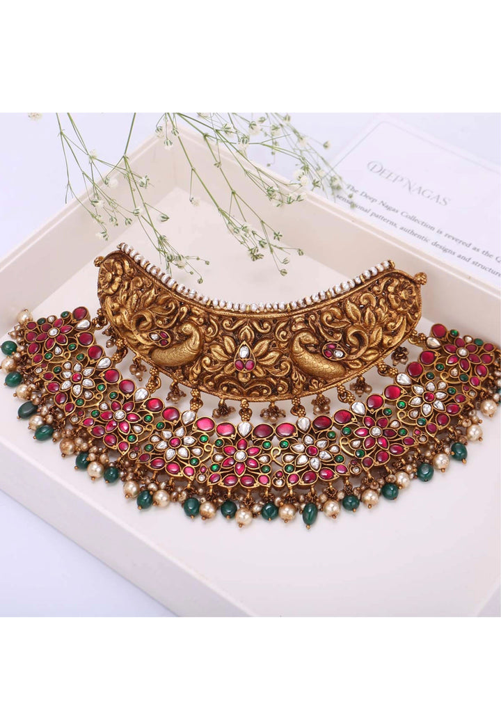 92.5 Silver Antique Gold Tone Deep Nagas Gorgeous Peacock Choker