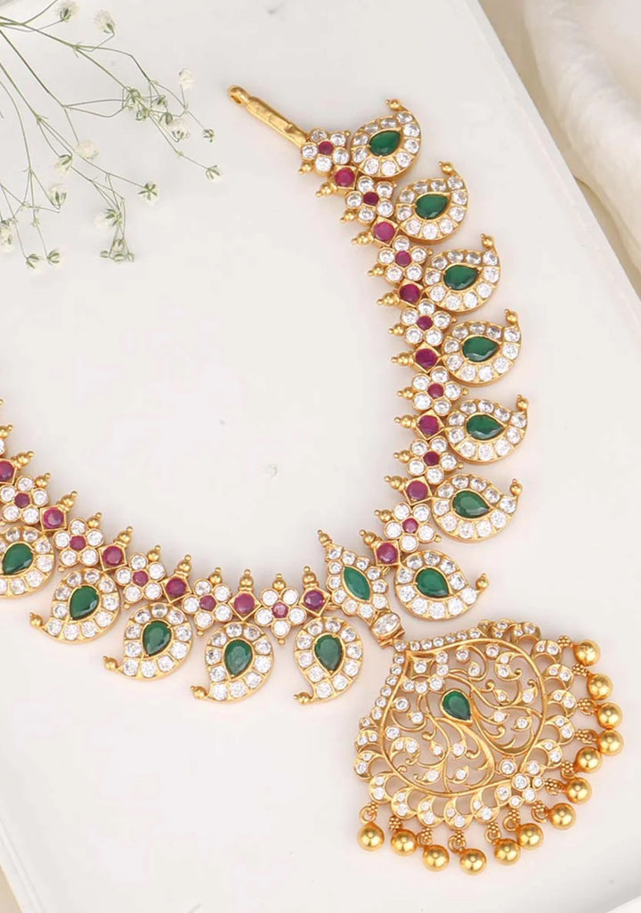 925 Silver Mango Necklace Set with Pendant and pink White and Green Stones encrusted