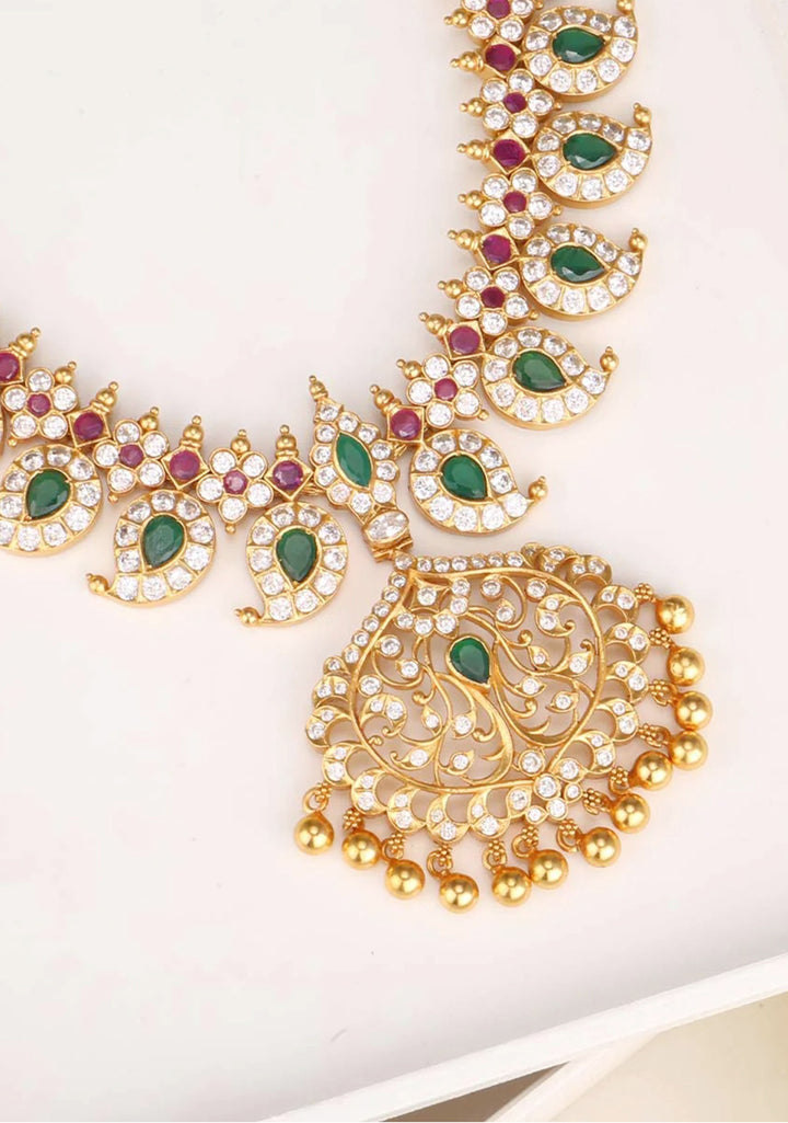 925 Silver Mango Necklace Set with Pendant and pink White and Green Stones encrusted