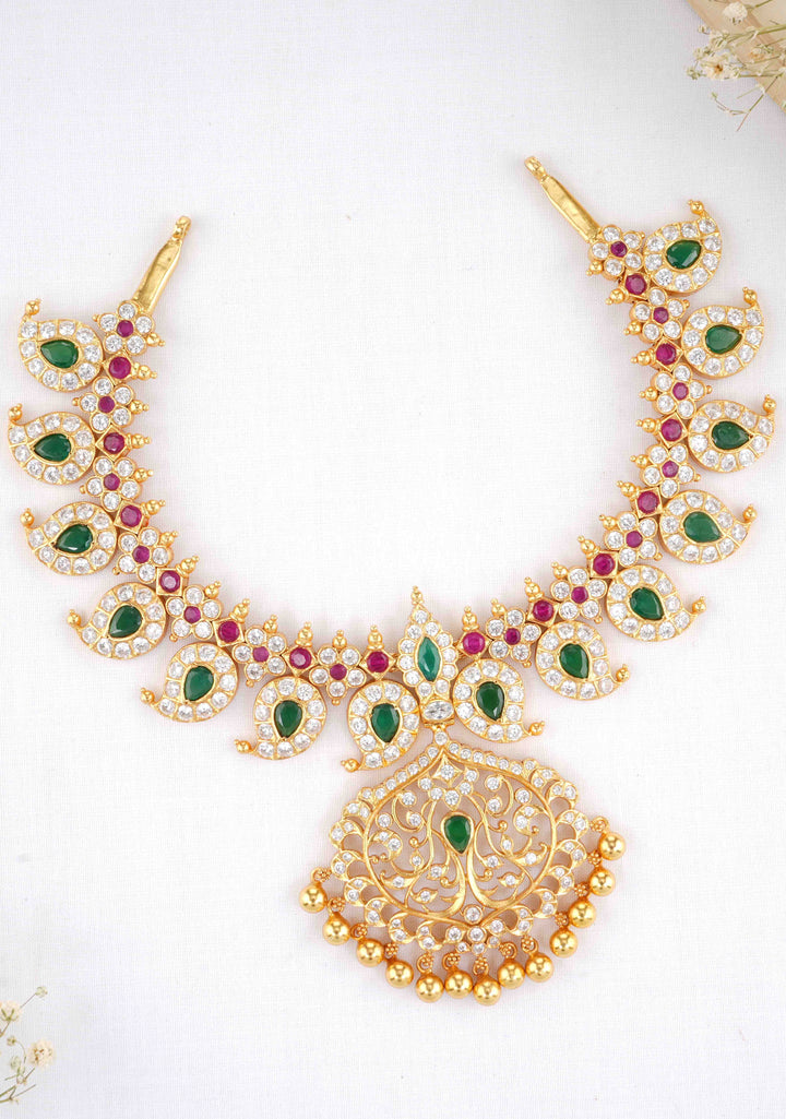 925 Silver Mango Necklace Set with Pendant and pink White and Green Stones encrusted