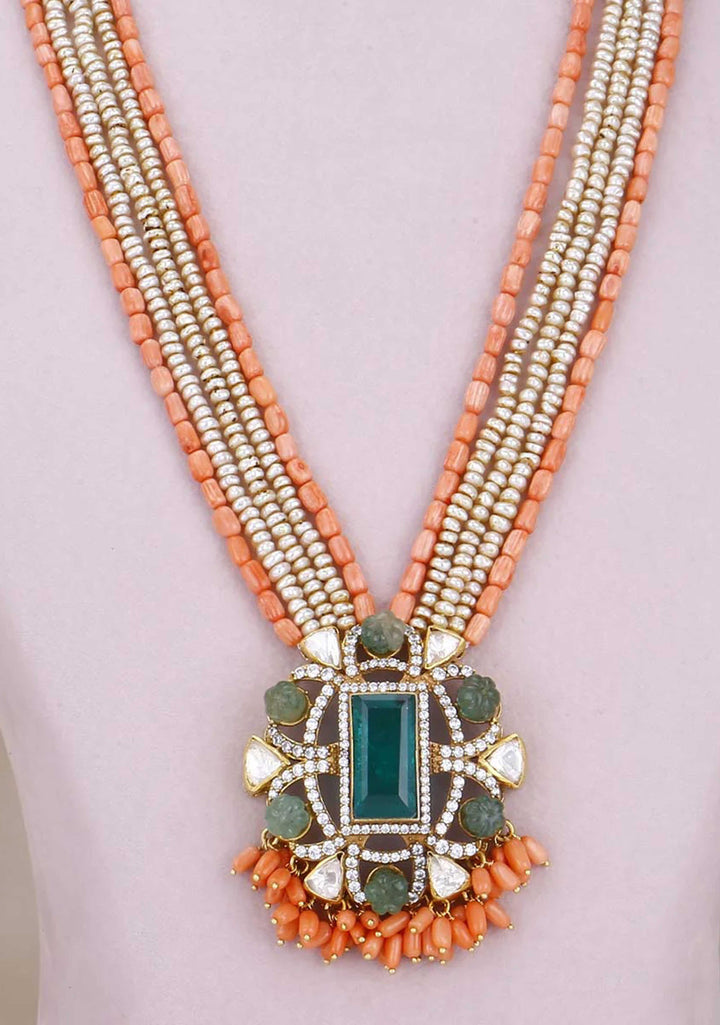 Statement Victorian Green Gemstone Pendant Necklace with multistrand beads