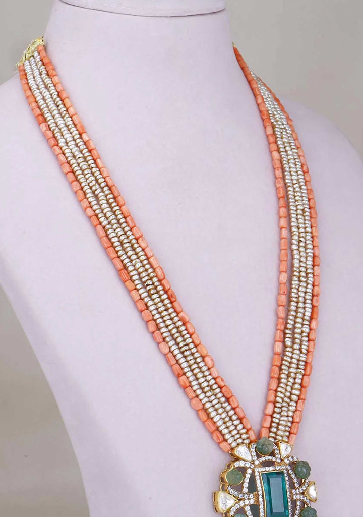 Statement Victorian Green Gemstone Pendant Necklace with multistrand beads