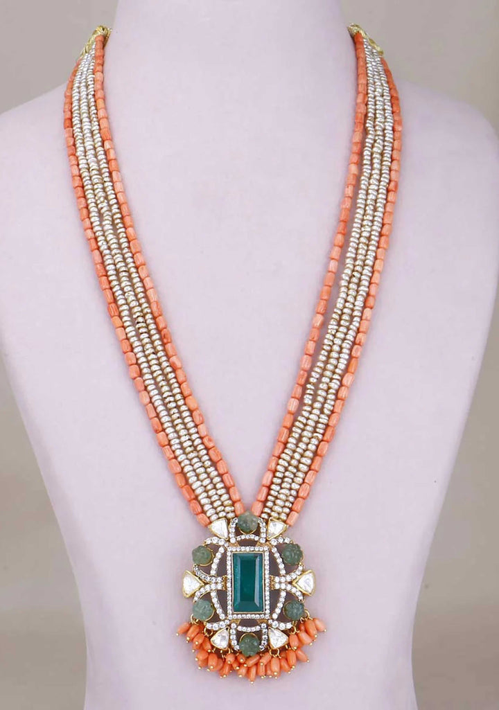 Statement Victorian Green Gemstone Pendant Necklace with multistrand beads