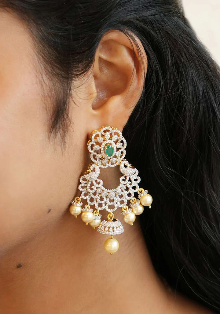 92.5  Silver Zirconia Stone Floral Necklace and Earrings Set with Twin Peacock Motifs ( Maang Tika not included)