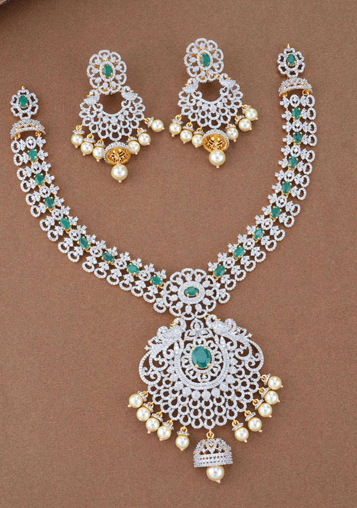 92.5  Silver Zirconia Stone Floral Necklace and Earrings Set with Twin Peacock Motifs ( Maang Tika not included)