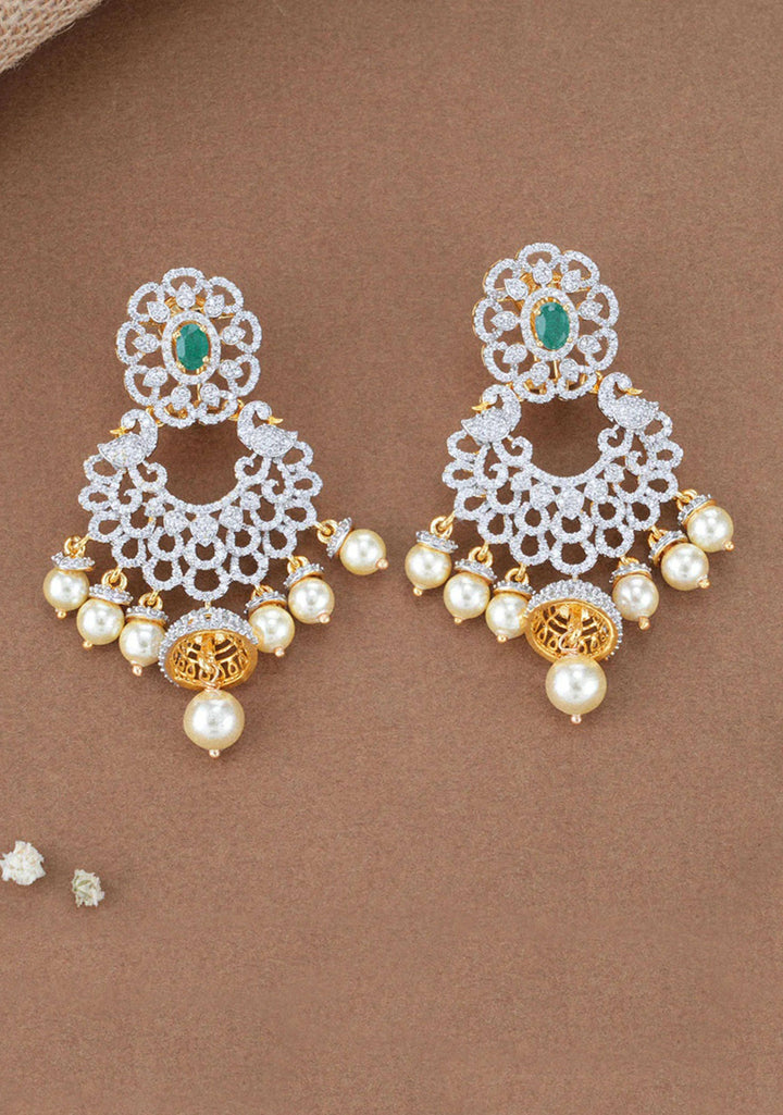 92.5  Silver Zirconia Stone Floral Necklace and Earrings Set with Twin Peacock Motifs ( Maang Tika not included)
