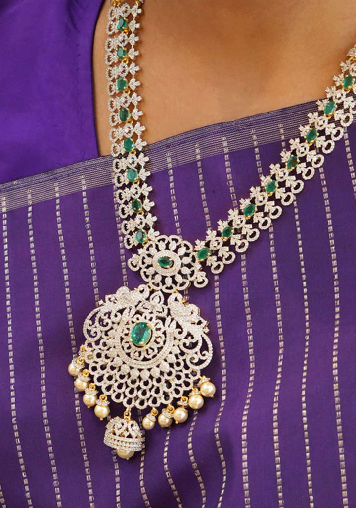 92.5  Silver Zirconia Stone Floral Necklace and Earrings Set with Twin Peacock Motifs ( Maang Tika not included)