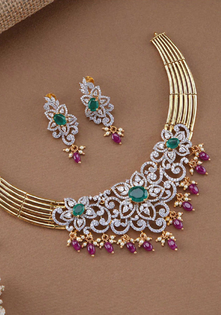 92.5 Silver Contemporary Wire base Central CZ floral embellished Necklace and earrings set