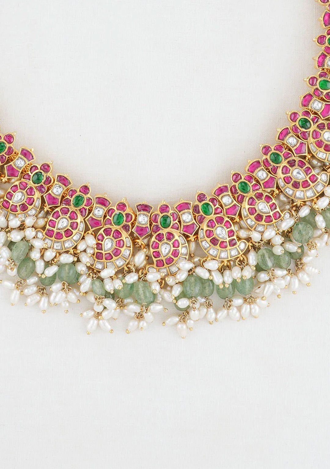 925 Silver 24 Kt Gold Plated  White Pink Green Stones Mango Necklace with Sage dangling beads