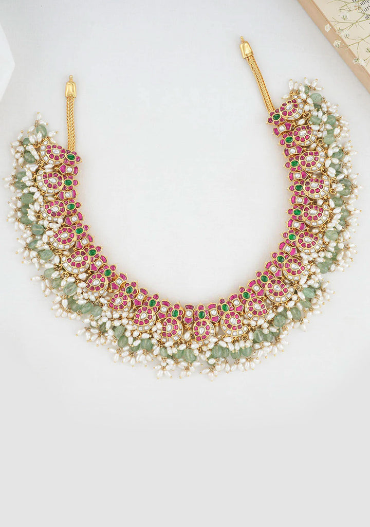 925 Silver 24 Kt Gold Plated  White Pink Green Stones Mango Necklace with Sage dangling beads