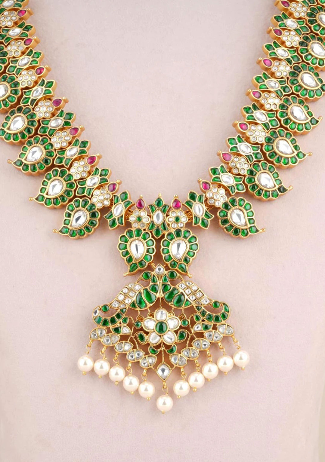 925 Silver 24 Kt Gold Plated White and Green Stone Medium Length Mango Necklace