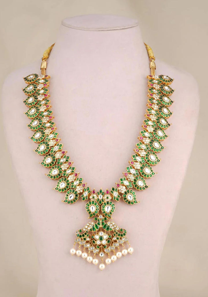 925 Silver 24 Kt Gold Plated White and Green Stone Medium Length Mango Necklace