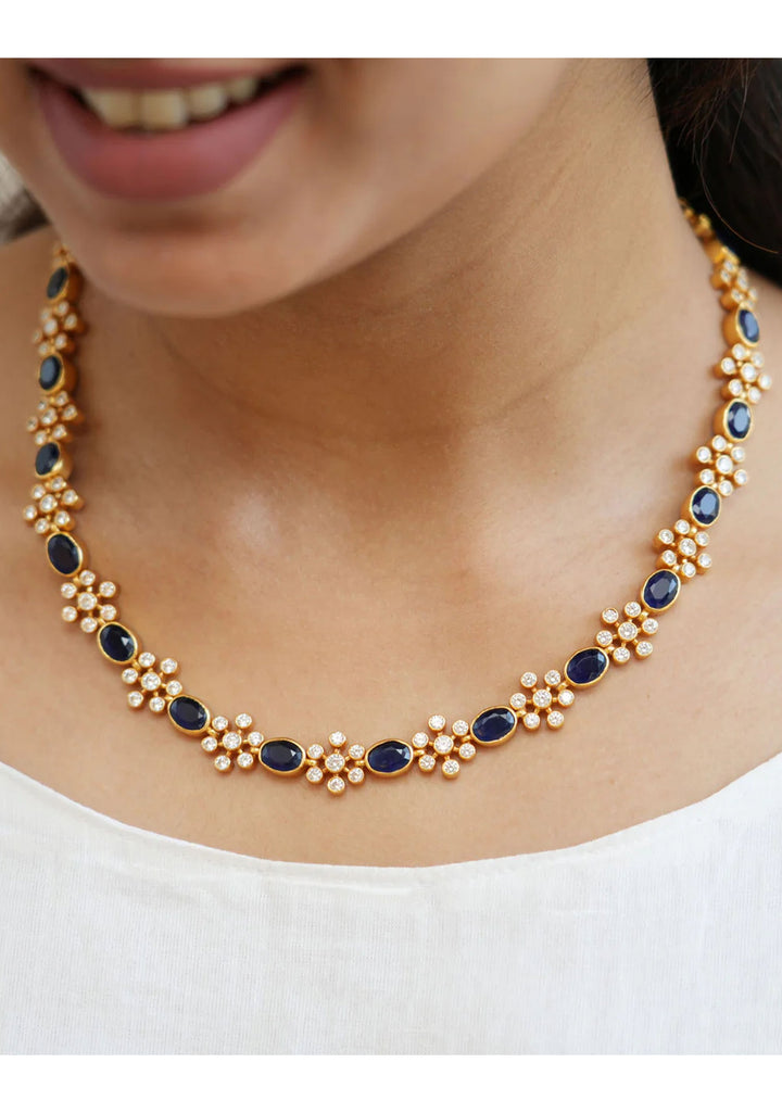 92.5  Silver 24 Ct Gold Plated Blue and White Stone Necklace