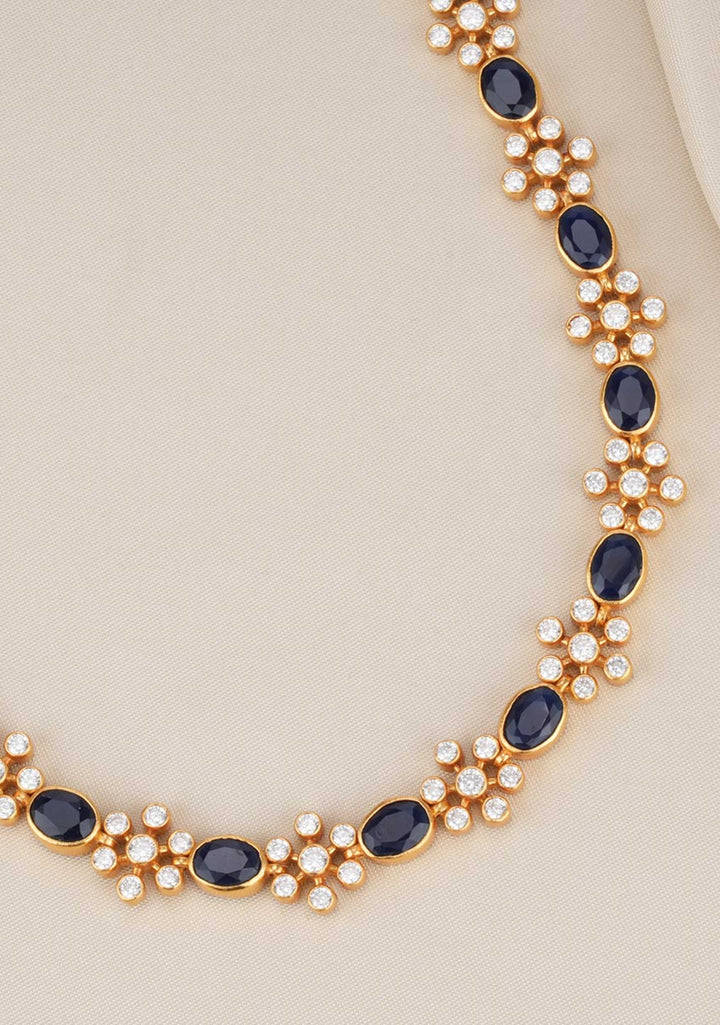 92.5  Silver 24 Ct Gold Plated Blue and White Stone Necklace